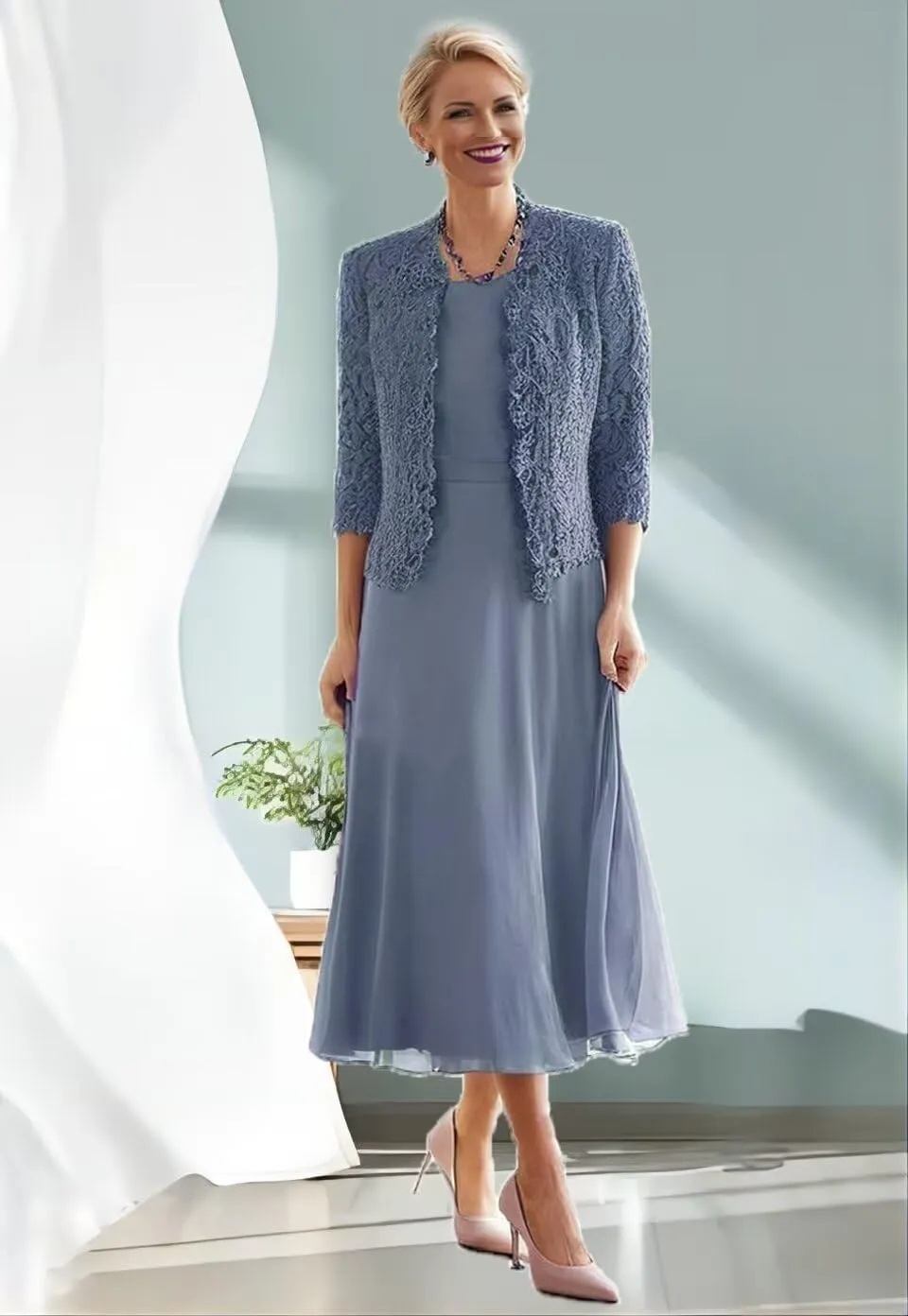 Tea Length Mother of The Groom Dress 2-Pieces Mother of Bride Dresses with Jacket Laces Chiffon Formal Evening Gowns