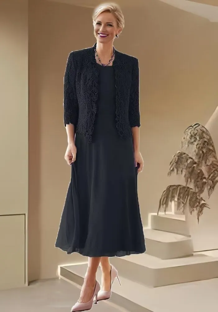 Tea Length Mother of The Groom Dress 2-Pieces Mother of Bride Dresses with Jacket Laces Chiffon Formal Evening Gowns