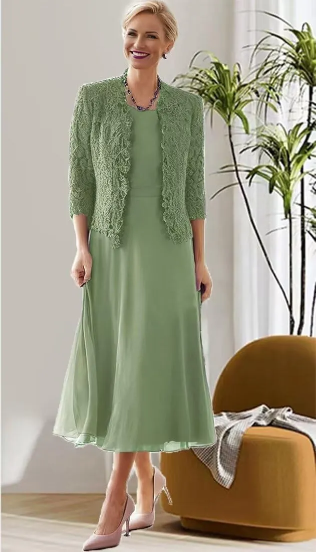 Tea Length Mother of The Groom Dress 2-Pieces Mother of Bride Dresses with Jacket Laces Chiffon Formal Evening Gowns