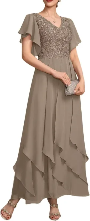 Tiered Chiffon Mother of The Bride Dresses for Wedding Ruffle Sleeves Lace Applique Evening Party Gown