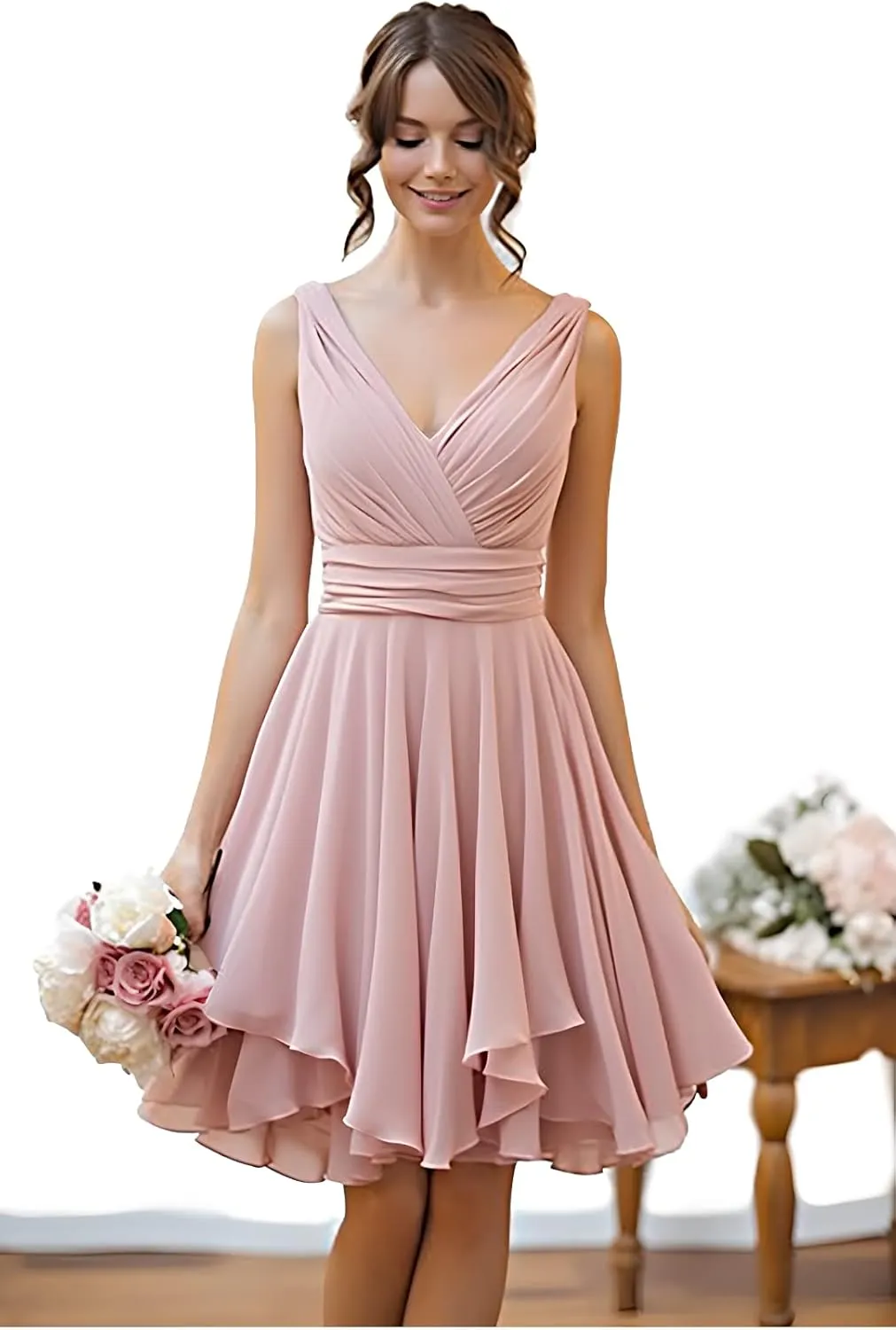 TORYEMY Short Bridesmaid Dresses Chiffon V Neck Cocktail Dresses Pleated for Wedding