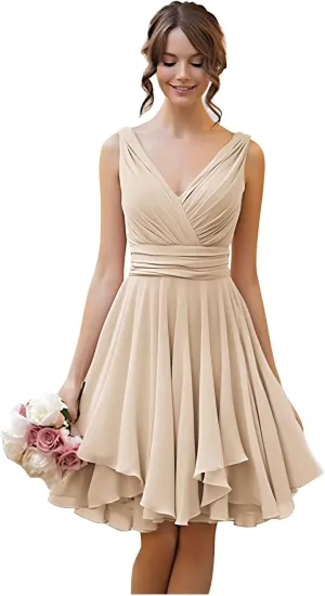 TORYEMY Short Bridesmaid Dresses Chiffon V Neck Cocktail Dresses Pleated for Wedding