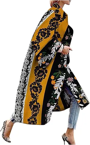 Trench Coat for Women's Oversized Fashion Printed Jackets Boho Long Cardigans Casual Open Front Coats Outerwear