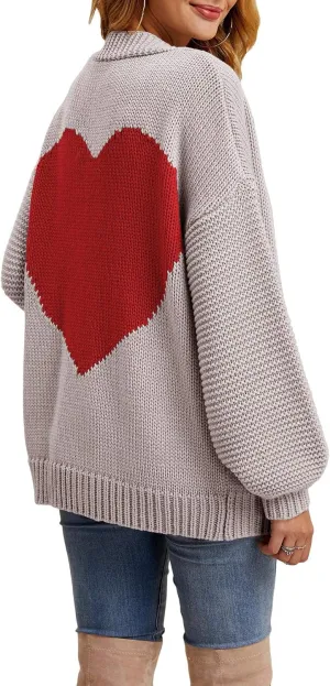 Tutorutor Womens Oversized Love Heart Pattern Print Open Front Cardigan Sweaters Casual Boho Valentine Loose Outwear Coat
