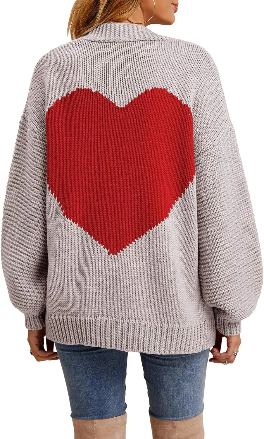 Tutorutor Womens Oversized Love Heart Pattern Print Open Front Cardigan Sweaters Casual Boho Valentine Loose Outwear Coat
