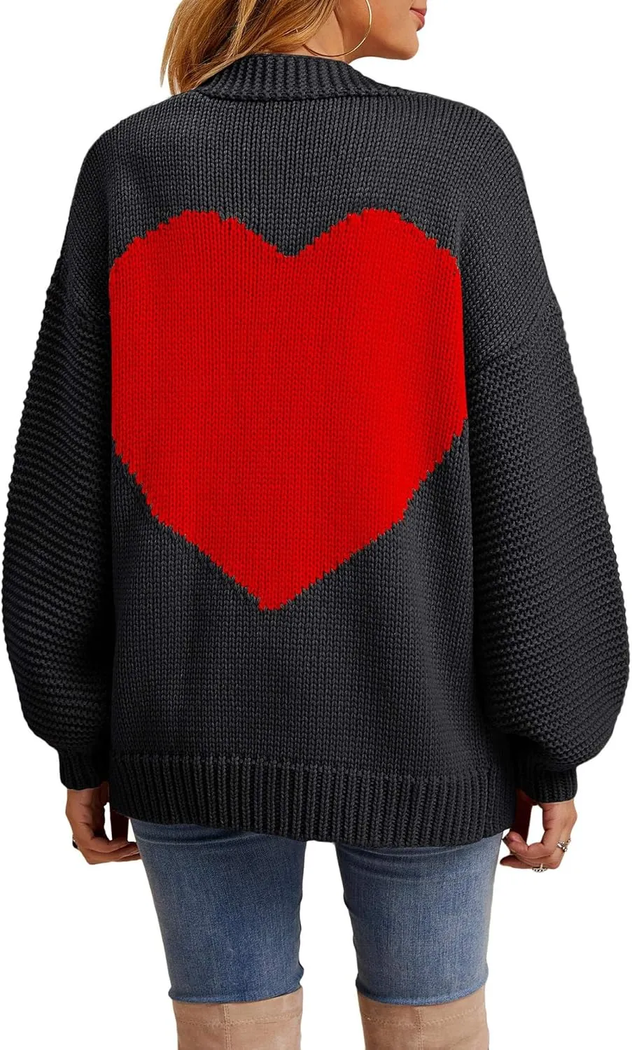 Tutorutor Womens Oversized Love Heart Pattern Print Open Front Cardigan Sweaters Casual Boho Valentine Loose Outwear Coat