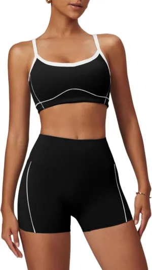 Two Piece Women Workout Sets Color Block Sports Bra and Scrunch Butt Lifting Shorts Gym Yoga Active Wear Outfits