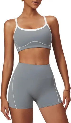 Two Piece Women Workout Sets Color Block Sports Bra and Scrunch Butt Lifting Shorts Gym Yoga Active Wear Outfits