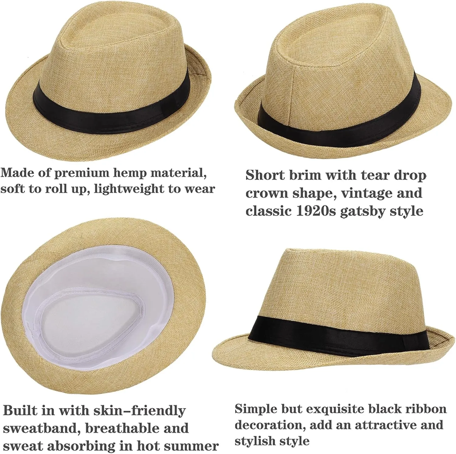 Ultrafun 5 Pack Short Brim Fedora Classic Summer Beach Sun Hat Panama Cap for Men Women