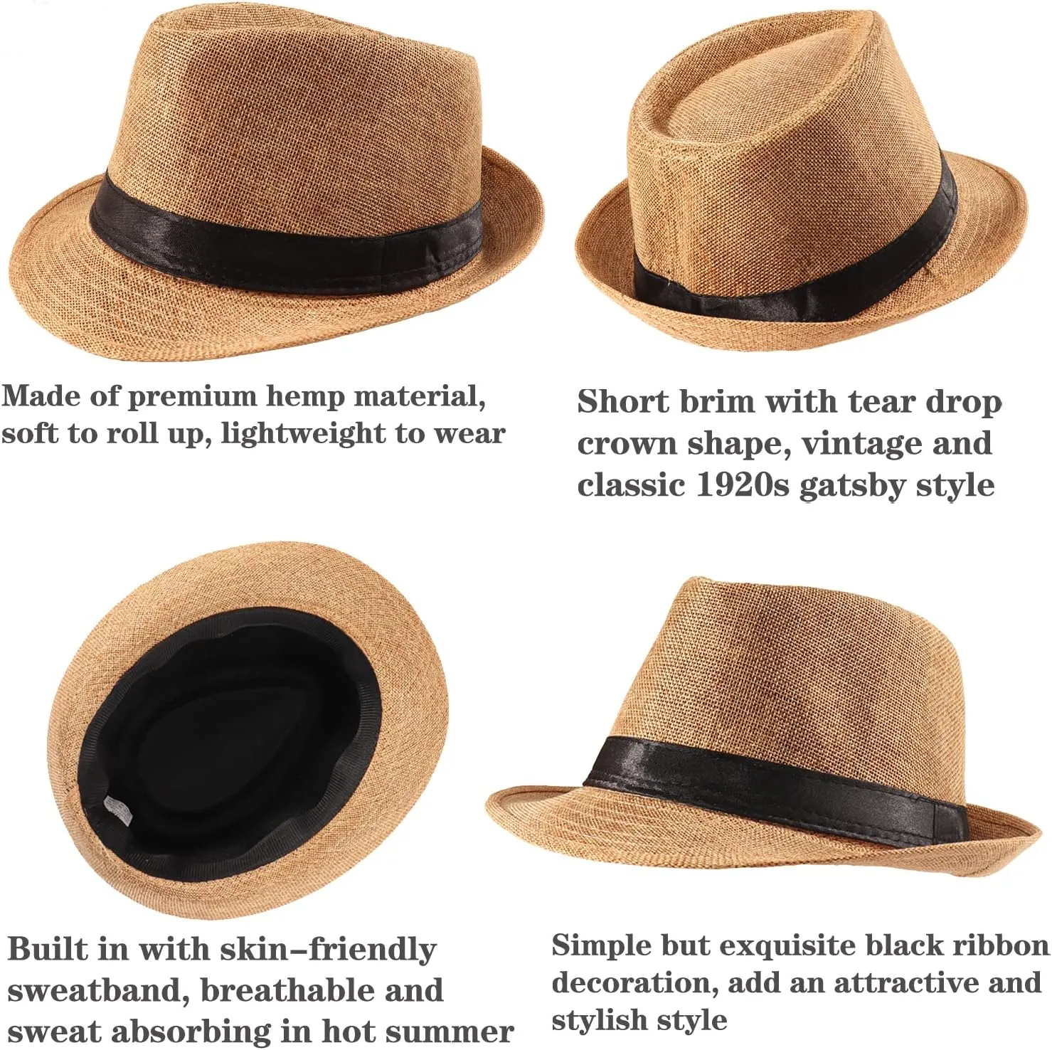 Ultrafun 5 Pack Short Brim Fedora Classic Summer Beach Sun Hat Panama Cap for Men Women