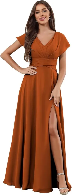 V Neck Chiffon Bridesmaid Dresses with Sleeves Long Slit A Line Formal Evening Dress for Women