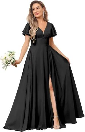 V Neck Flutter Sleeve Bridesmaid Dresses for Wedding Slit Chiffon Pleated Formal Dress with Pockets