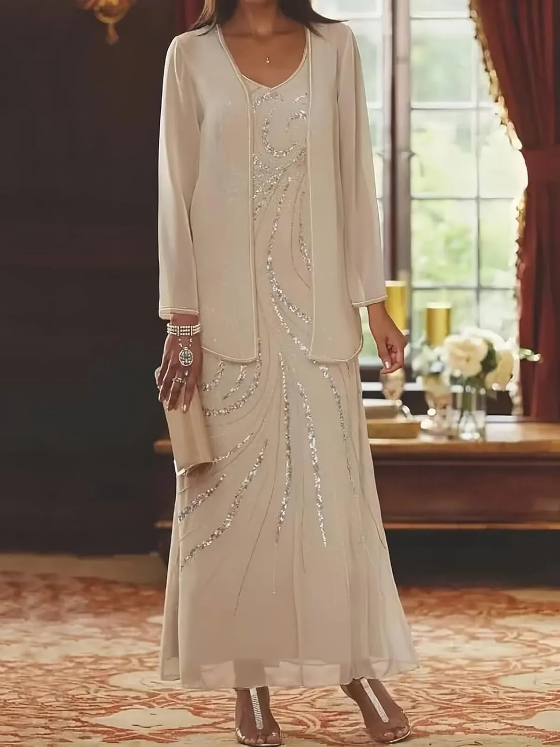 VCCICANY Sequin 2 Pieces Mother of The Bride Dresses for Women Chiffon Long Formal Gown Wedding Guest Dresses with Jacket