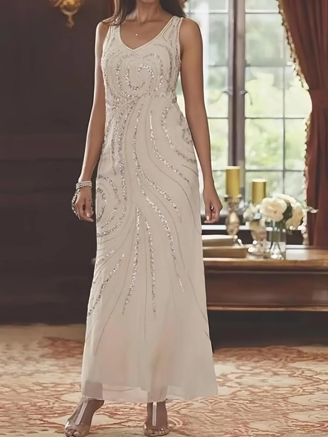 VCCICANY Sequin 2 Pieces Mother of The Bride Dresses for Women Chiffon Long Formal Gown Wedding Guest Dresses with Jacket