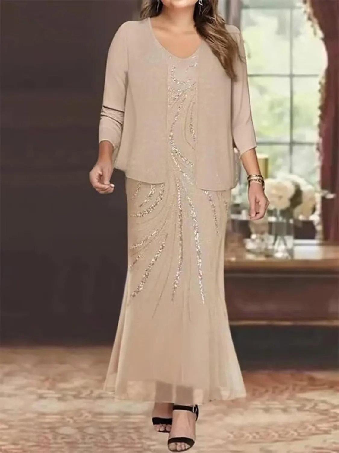 VCCICANY Sequin 2 Pieces Mother of The Bride Dresses for Women Chiffon Long Formal Gown Wedding Guest Dresses with Jacket