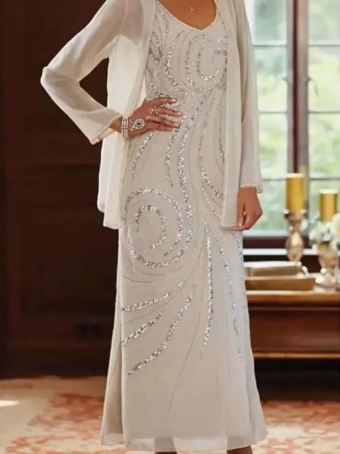 VCCICANY Sequin 2 Pieces Mother of The Bride Dresses for Women Chiffon Long Formal Gown Wedding Guest Dresses with Jacket