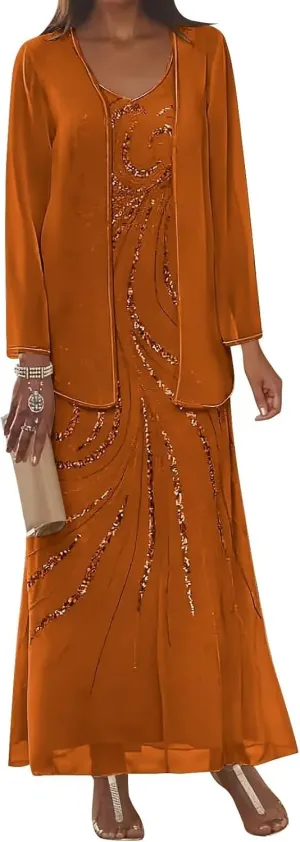 VCCICANY Sequin 2 Pieces Mother of The Bride Dresses for Women Chiffon Long Formal Gown Wedding Guest Dresses with Jacket