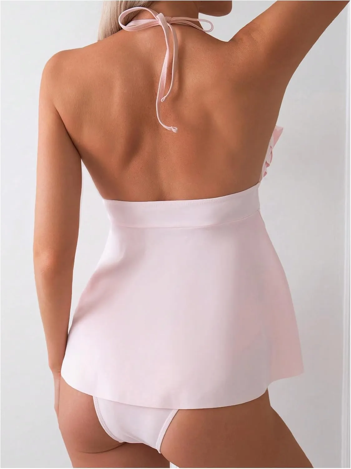 Verdusa Women's 2 Piece Ruffle Tankini Set Backless Halter Babydoll Tops with Bottoms