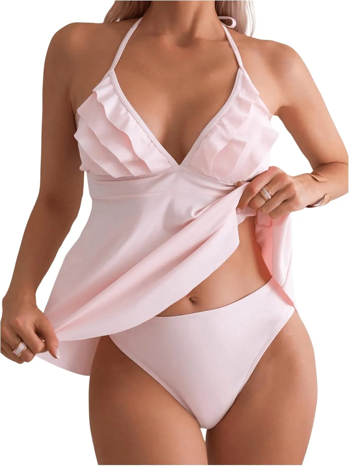 Verdusa Women's 2 Piece Ruffle Tankini Set Backless Halter Babydoll Tops with Bottoms