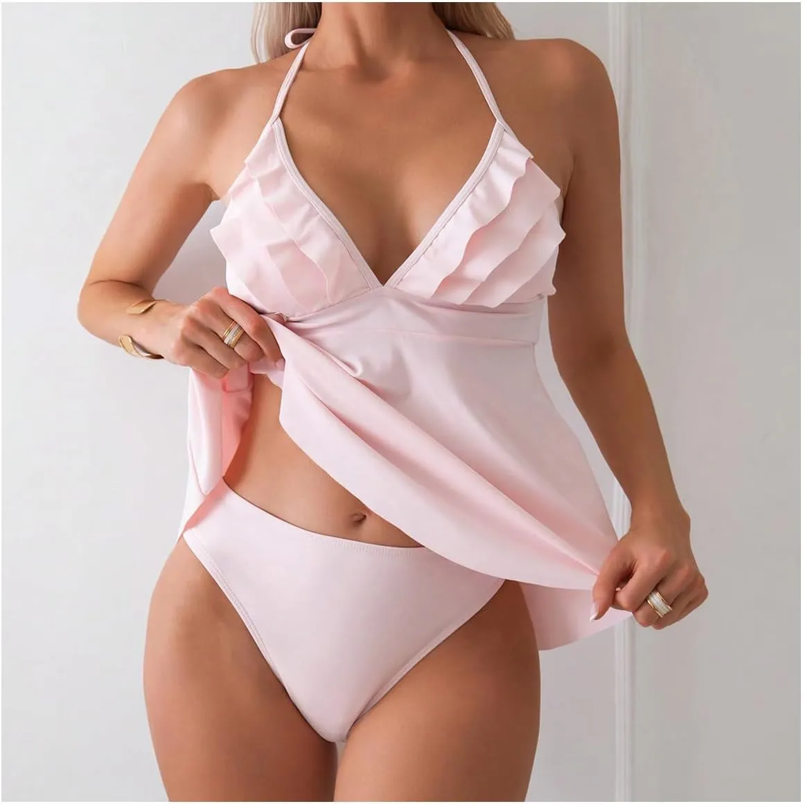 Verdusa Women's 2 Piece Ruffle Tankini Set Backless Halter Babydoll Tops with Bottoms
