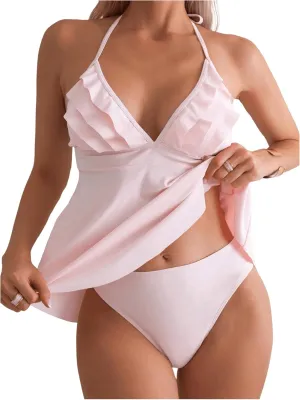 Verdusa Women's 2 Piece Ruffle Tankini Set Backless Halter Babydoll Tops with Bottoms