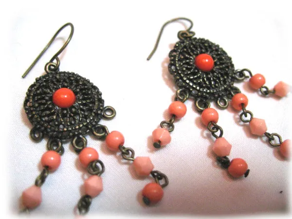 VINTAGE Antique Gold Tone METAL DANGLING CHANDELIER EARRINGS Set ORANGE BEADS
