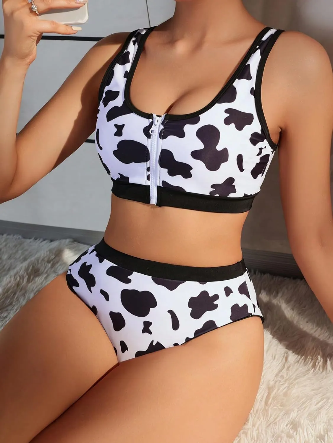 WDIRARA Women's Cow Print Scoop Neck Bikini Set 2 Piece Zipper Front Swimsuits Bathing Suits