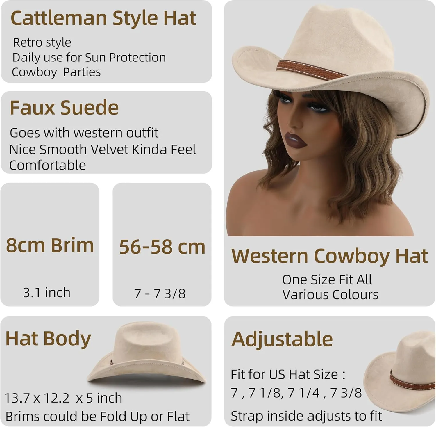 Western Cowboy Hat for Women Men Small Short Wide Brim Beach Cowgirls Cattleman Cowboys Hats