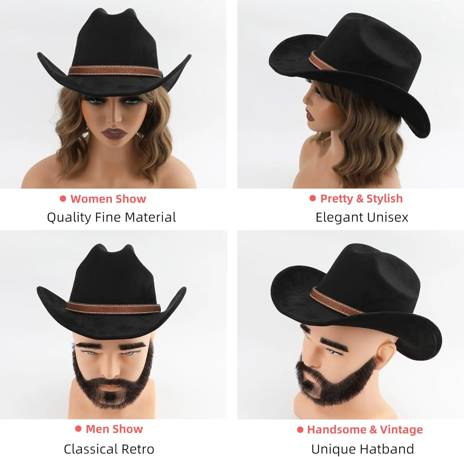 Western Cowboy Hat for Women Men Small Short Wide Brim Beach Cowgirls Cattleman Cowboys Hats