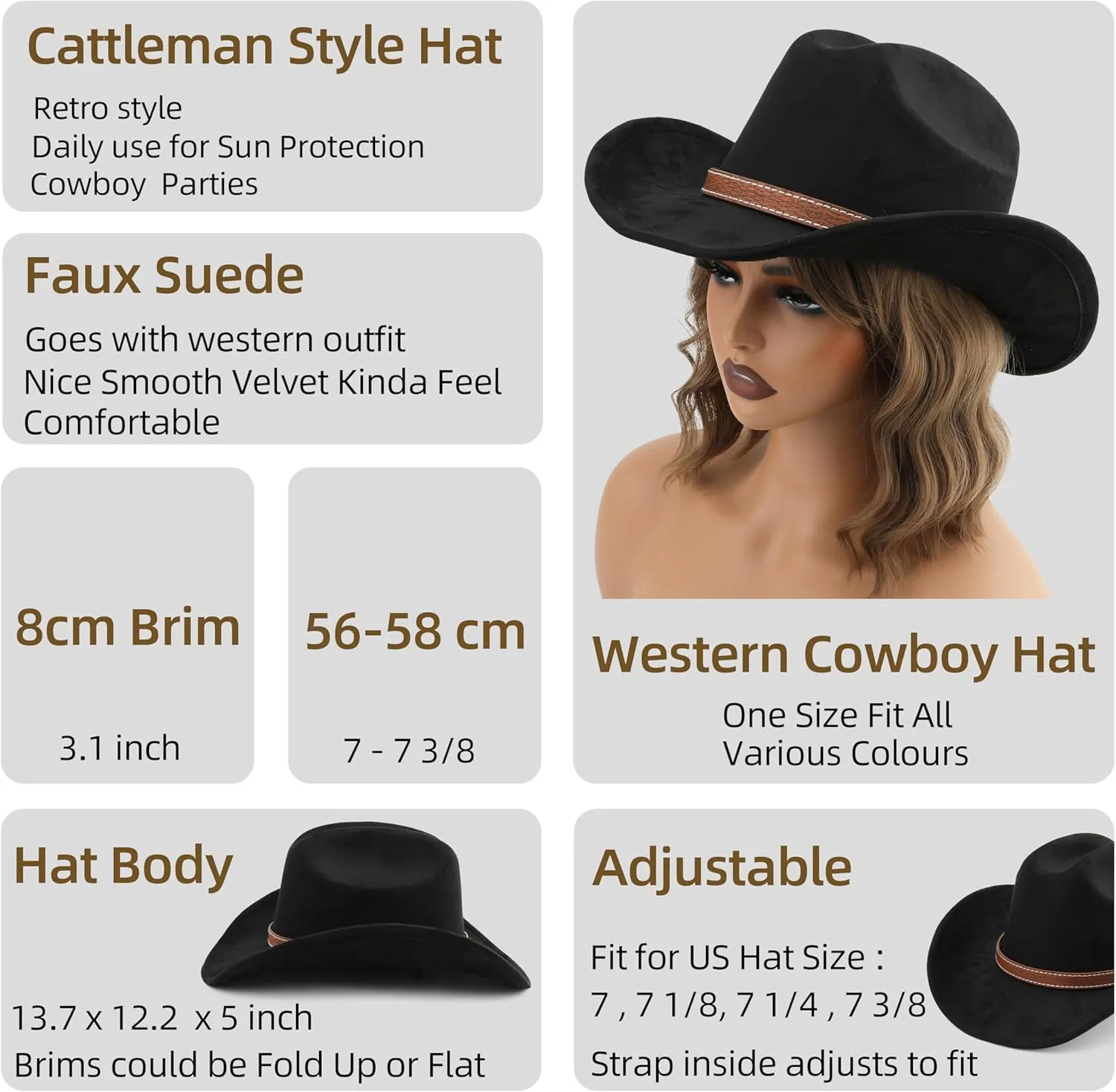 Western Cowboy Hat for Women Men Small Short Wide Brim Beach Cowgirls Cattleman Cowboys Hats