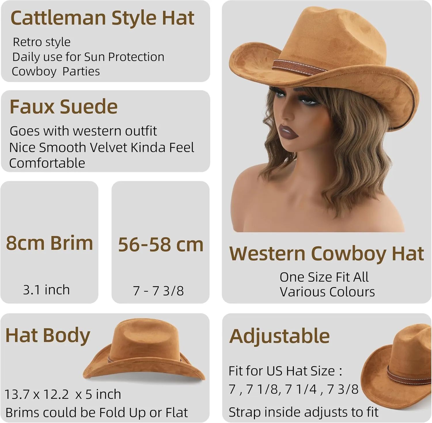 Western Cowboy Hat for Women Men Small Short Wide Brim Beach Cowgirls Cattleman Cowboys Hats