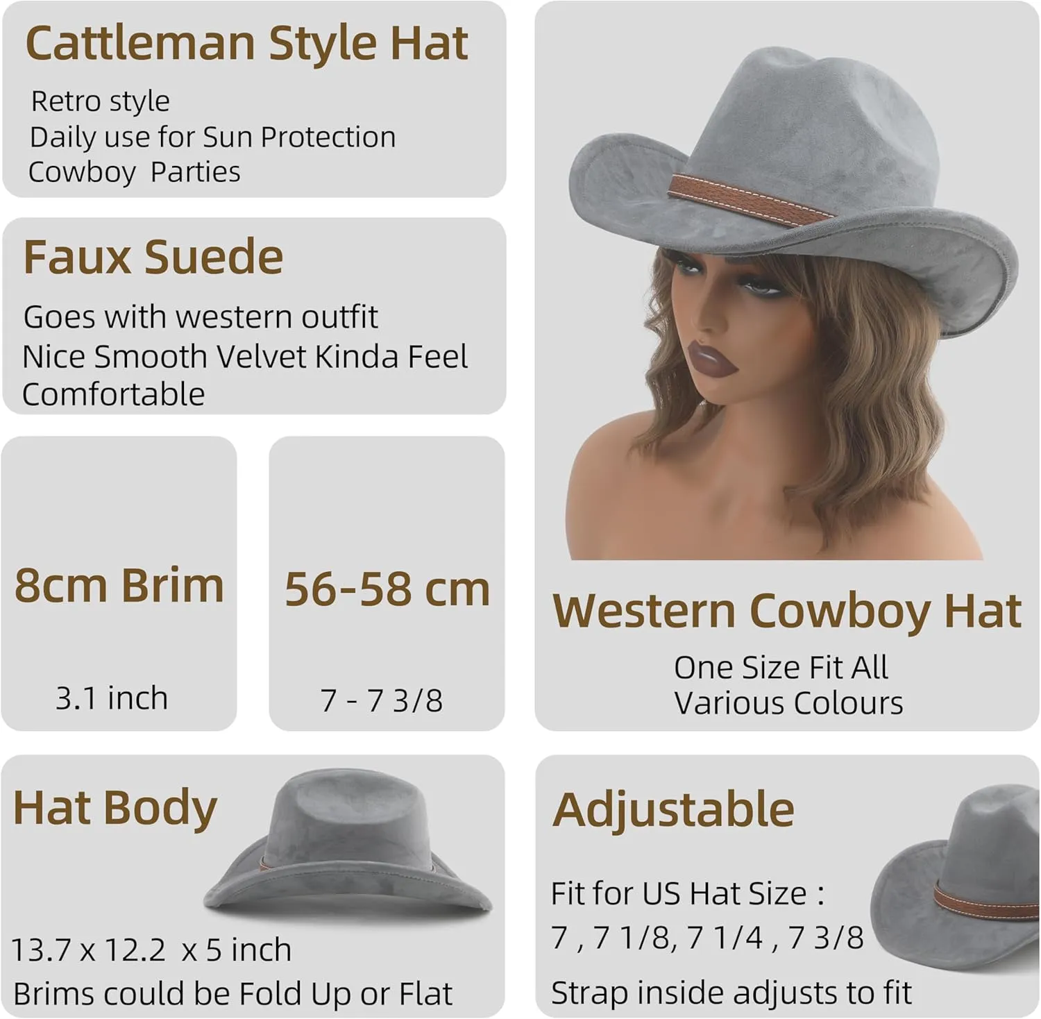Western Cowboy Hat for Women Men Small Short Wide Brim Beach Cowgirls Cattleman Cowboys Hats