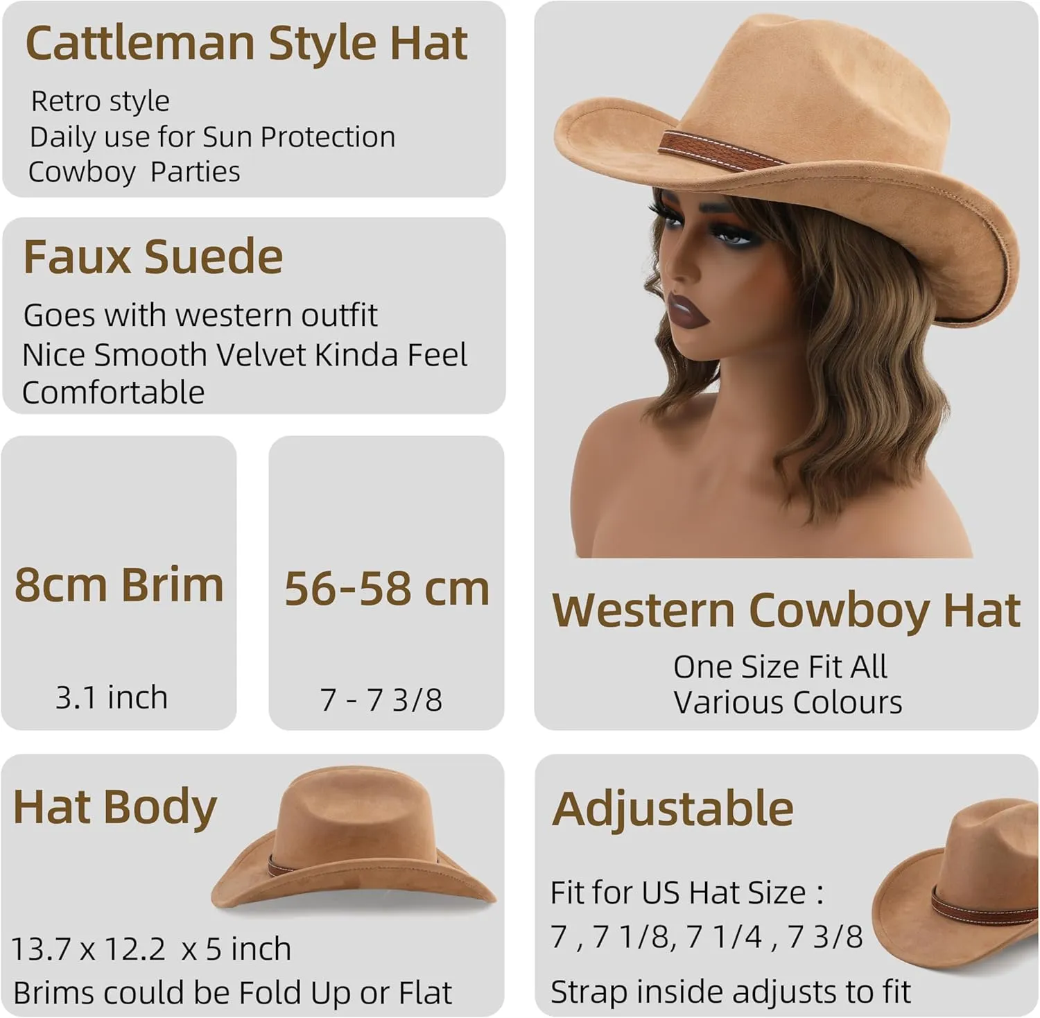 Western Cowboy Hat for Women Men Small Short Wide Brim Beach Cowgirls Cattleman Cowboys Hats