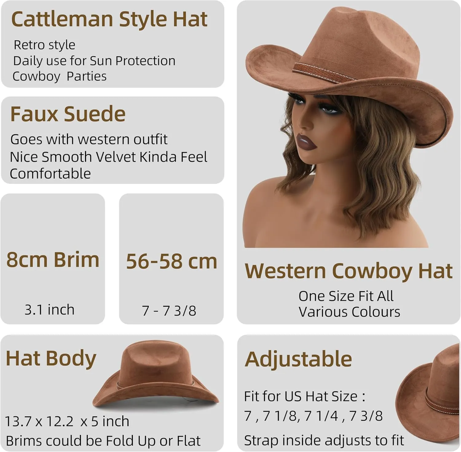 Western Cowboy Hat for Women Men Small Short Wide Brim Beach Cowgirls Cattleman Cowboys Hats