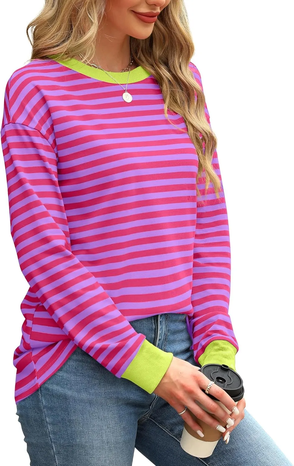 WIHOLL Womens Tunic Tops Long Sleeve Striped Shirts Crewneck Tops