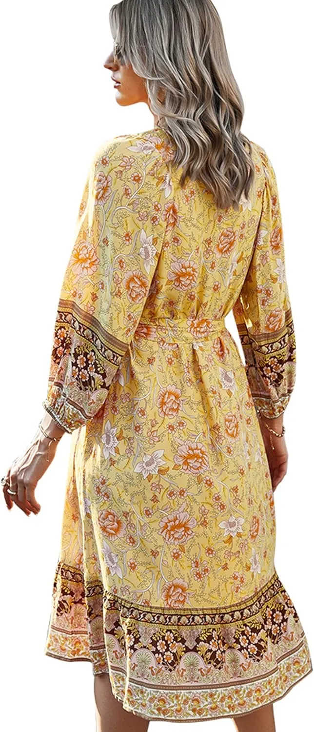WIWIQS Womens Bohemian Neck Tie Vintage Printed Ethnic Style Summer Casual Beach Dress