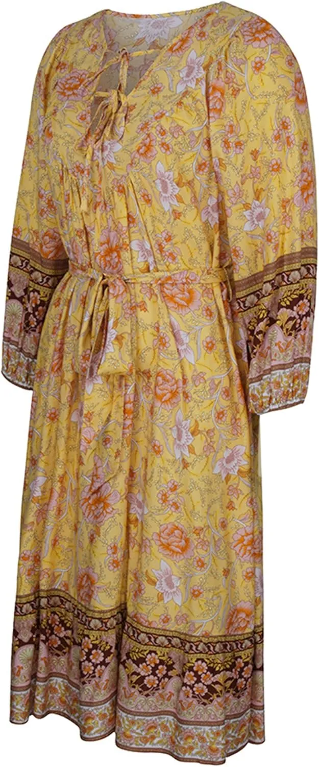 WIWIQS Womens Bohemian Neck Tie Vintage Printed Ethnic Style Summer Casual Beach Dress