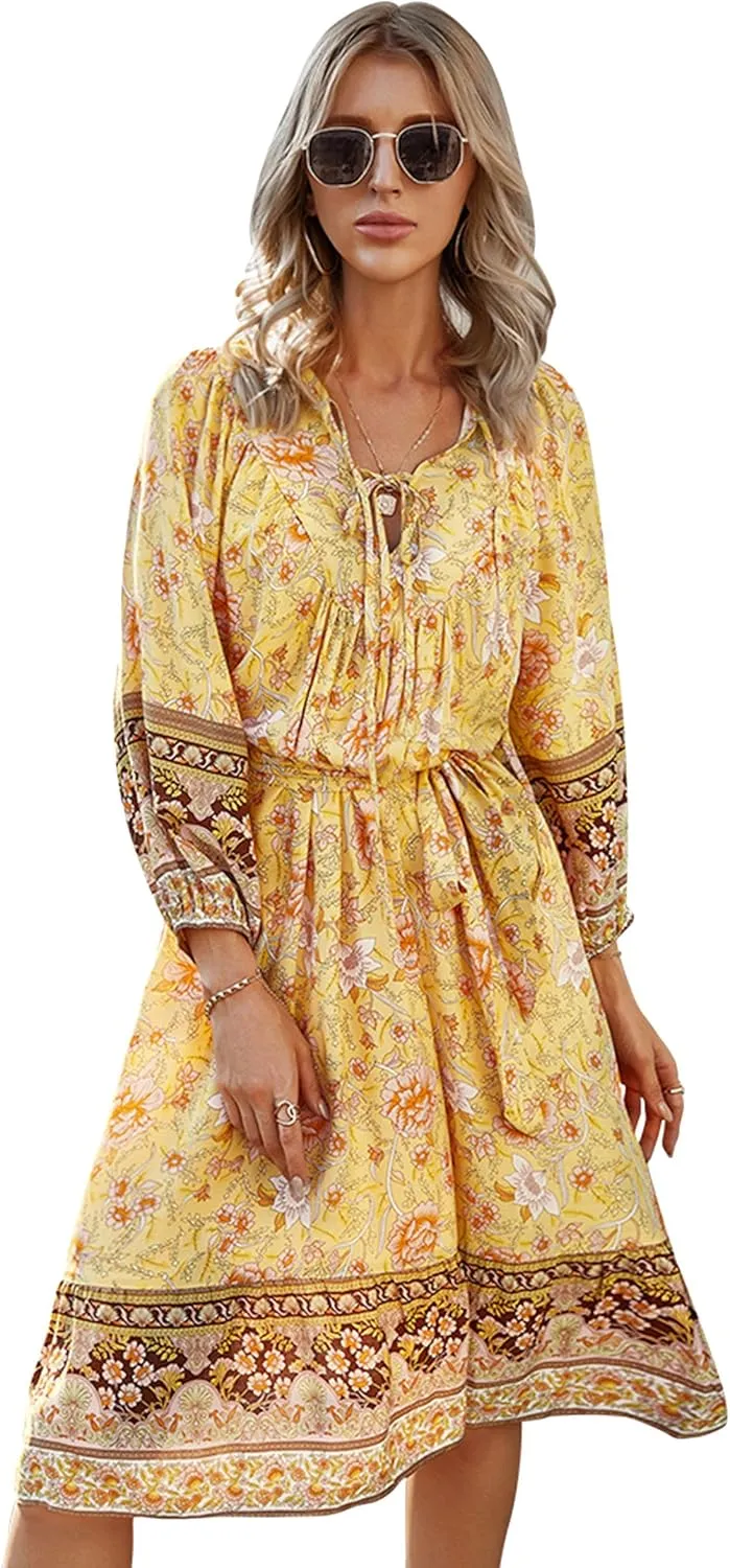 WIWIQS Womens Bohemian Neck Tie Vintage Printed Ethnic Style Summer Casual Beach Dress