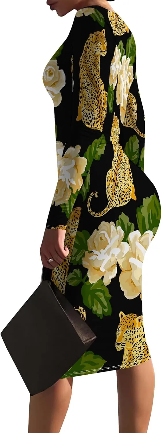 Women Bodycon Long Sleeve Dress Casual Crewneck Slim Fit Elegant Empire Waist Basic Midi Tank Short Party Club Dress