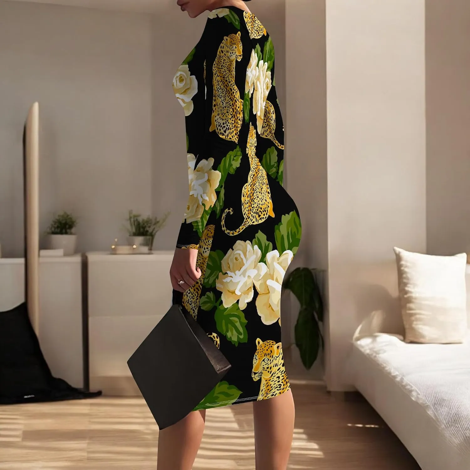 Women Bodycon Long Sleeve Dress Casual Crewneck Slim Fit Elegant Empire Waist Basic Midi Tank Short Party Club Dress