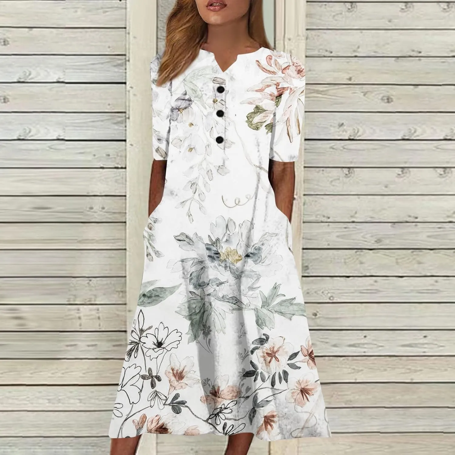 Women Boho Summer Dress 2024 Casual Short Sleeve Button V Neck Baggy Flowy A-Line Maxi Dresses