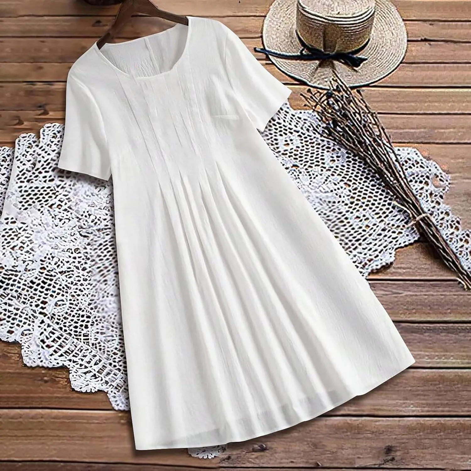 Women Dresses Casual Elegant Summer Short Sleeve Cotton Linen Pleated Midi Dress Business Work Clothes