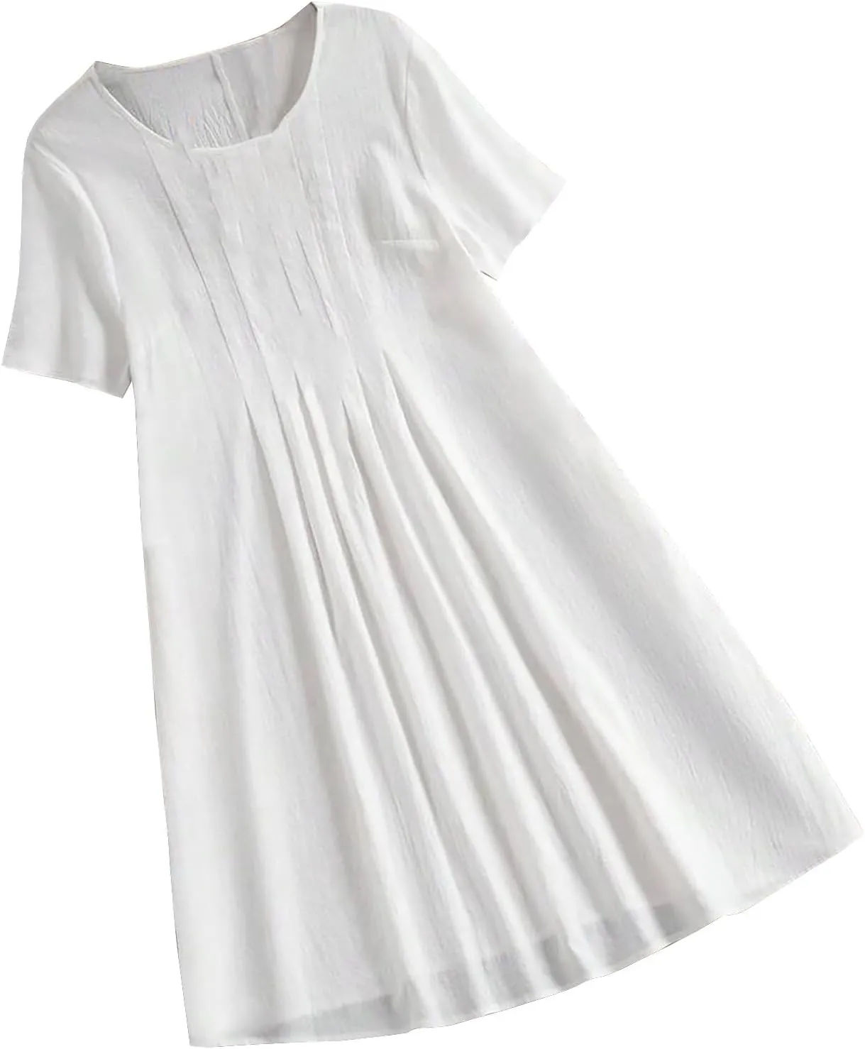 Women Dresses Casual Elegant Summer Short Sleeve Cotton Linen Pleated Midi Dress Business Work Clothes