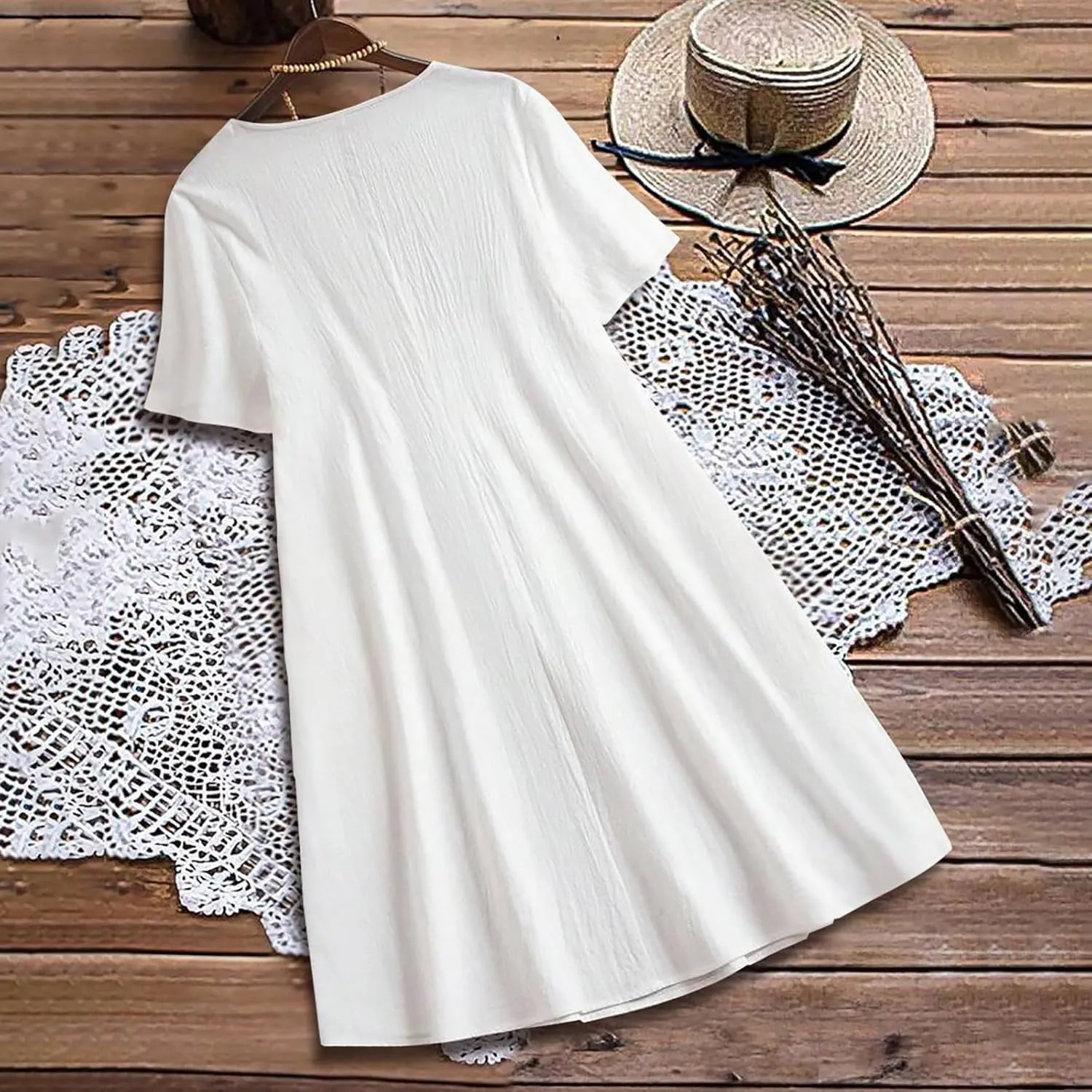 Women Dresses Casual Elegant Summer Short Sleeve Cotton Linen Pleated Midi Dress Business Work Clothes
