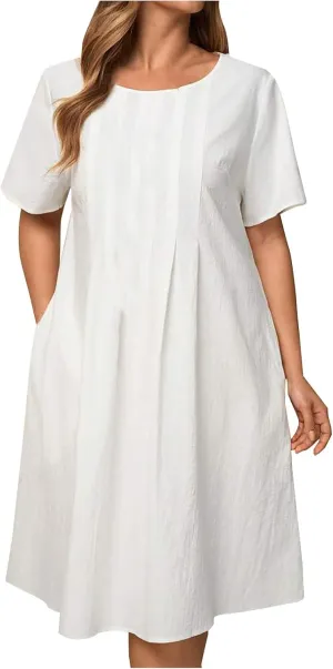 Women Dresses Casual Elegant Summer Short Sleeve Cotton Linen Pleated Midi Dress Business Work Clothes