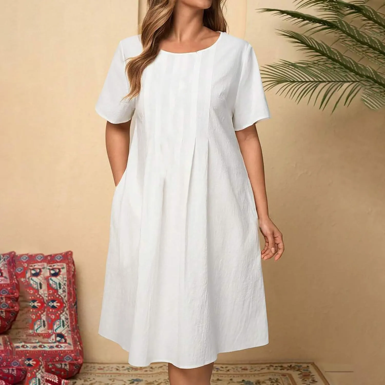 Women Dresses Casual Elegant Summer Short Sleeve Cotton Linen Pleated Midi Dress Business Work Clothes