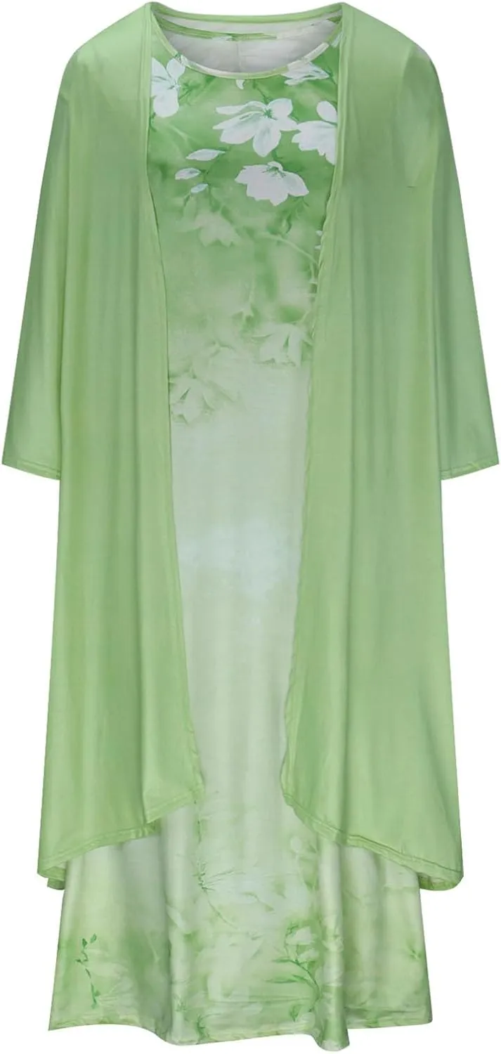 Women Floral Flowy Midi Dresses with Jacket Plus Size 2 Piece Sets Cocktail Wedding Guest Dress and Cardigan Outfits