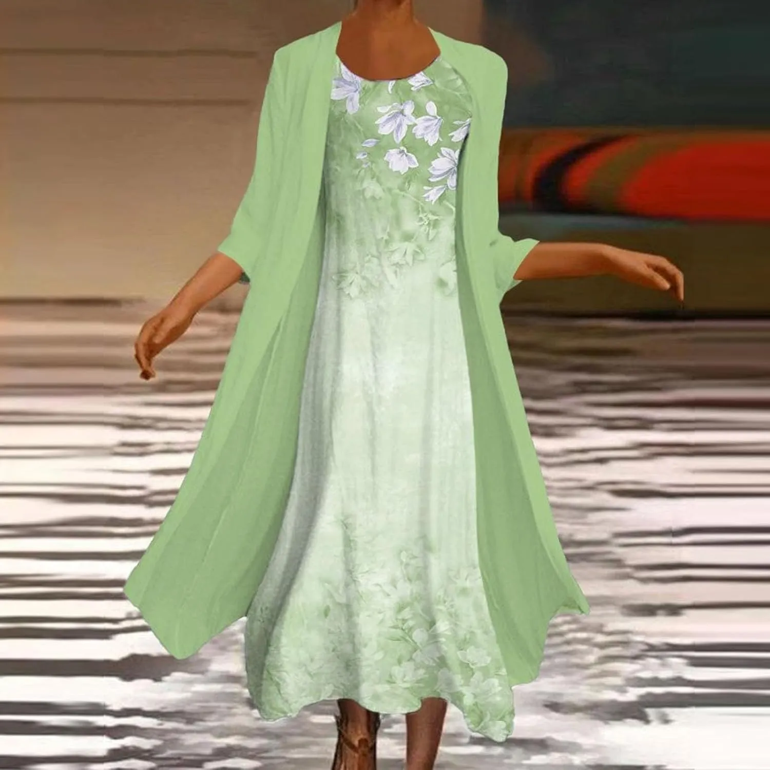 Women Floral Flowy Midi Dresses with Jacket Plus Size 2 Piece Sets Cocktail Wedding Guest Dress and Cardigan Outfits
