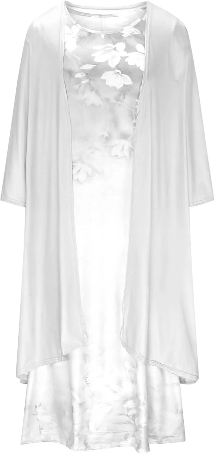 Women Floral Flowy Midi Dresses with Jacket Plus Size 2 Piece Sets Cocktail Wedding Guest Dress and Cardigan Outfits