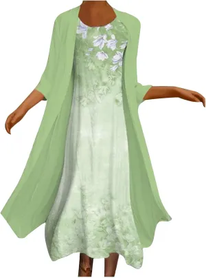 Women Floral Flowy Midi Dresses with Jacket Plus Size 2 Piece Sets Cocktail Wedding Guest Dress and Cardigan Outfits